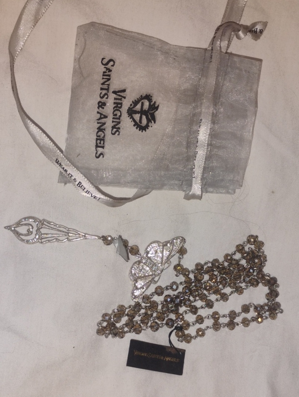 Title:
NWT Virgins Saints & Angels (VSA) Silver Moth / Butterfly Dagger Drop Nec